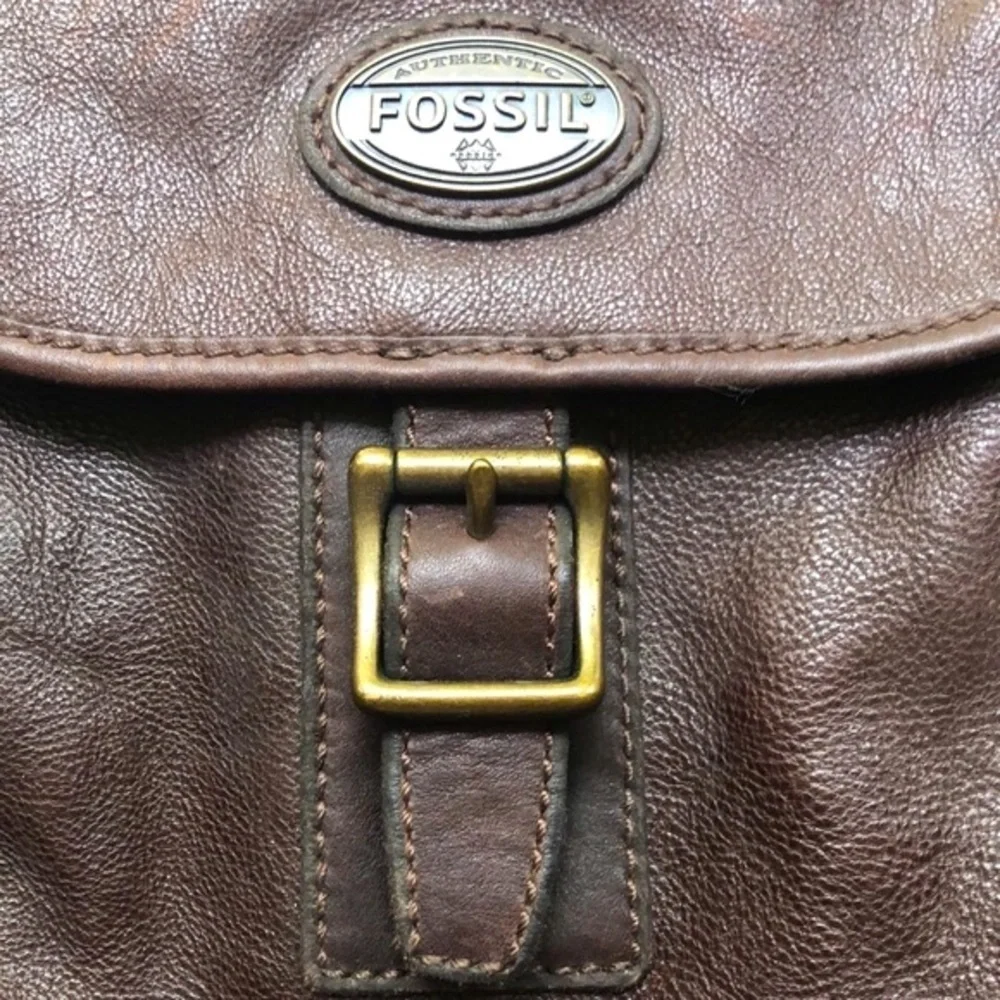 Fossil Brown Leather Briefcase Messenger Travel Crossbody Bag Double handle